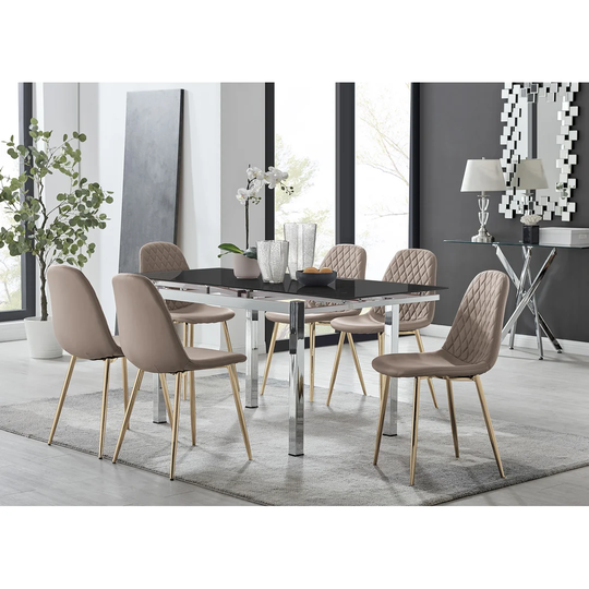 Enna Black Glass Extending Dining Table And 6 Cappuccino Corona Gold Leg Chairs
