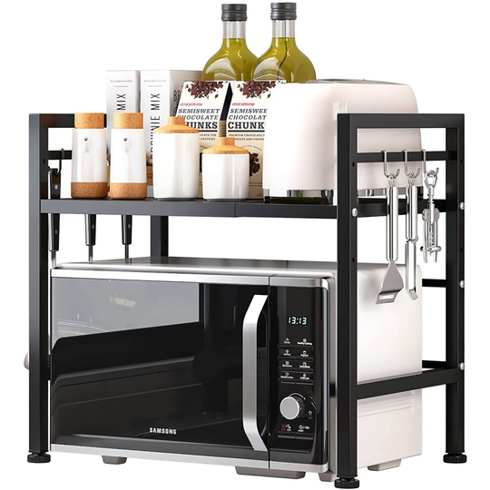 2 Tier Extendable Microwave Oven Rack Kitchen Storage Organiser Black
