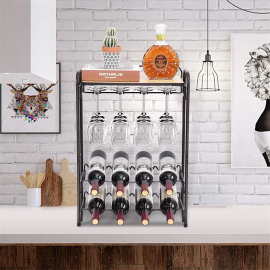 Hiwassee 8 Bottle Floor Wine Bottle & Glass Rack in Black