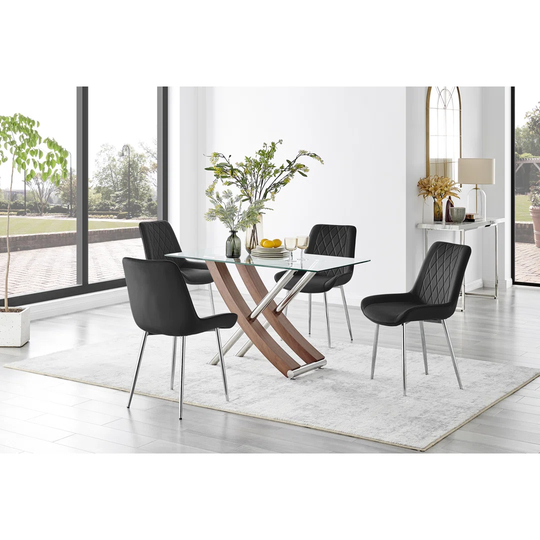 Mayfair Glass & Brown Wood Effect Dining Table & 4 Black Pesaro Silver Chairs