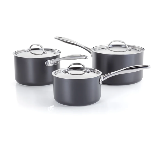 Stellar Hard Anodised Set of 3 Teflon Non-Stick Saucepans with Lids, 16/18/20cm, Induction Ready