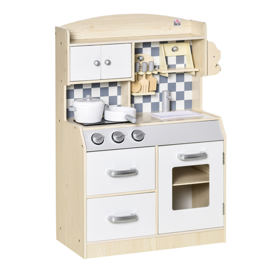 HOMCOM Kids Kitchen Cook Toy Multi-Storage w/ Sink Pots for 3-6 Years