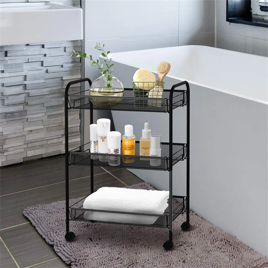 3 Tier Compact Space-Saving Storage Rolling Household Cart With Heavy Metal Wires Mesh Basket Trolley With Wheels 45Cm(W) 26Cm(D) 63Cm(H) Black (3 - T