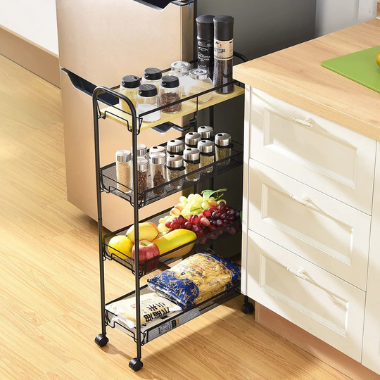 4-Tier Slim Rolling Cart With Wooden Tabletop,Easy Assemble Mobile Storage Trolley On Wheels,Slide Out Utility Cart Shelving Units For Narrow Space On