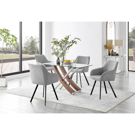 Mayfair Glass & Brown Wood Effect Dining Table & 4 Light Grey Falun Black Leg Chairs
