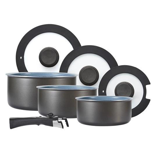 Tower Freedom T800201 7 Piece Cookware Set with Ceramic Coating, Stackable Design and Detachable Handle, Graphite, Aluminium