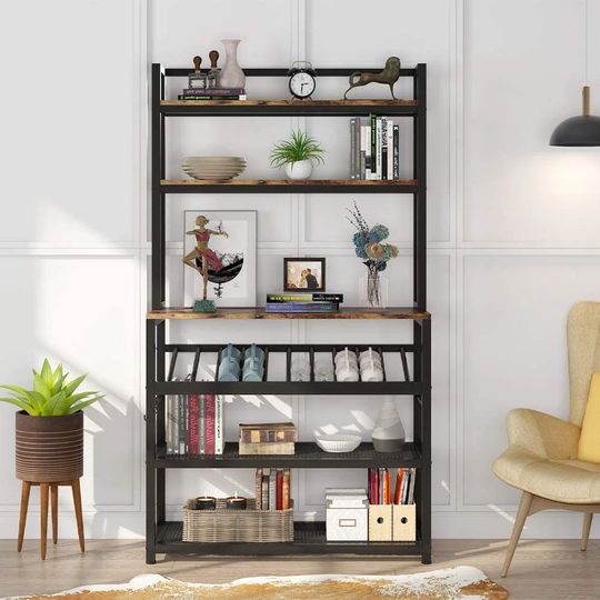6-Tier Kitchen BakerS Rack With Storage And Wine Rack, Industrial Microwave Cart Kitchen Stand With Hutch, 6 Hooks, Free Standing Kitchen Utility Stor