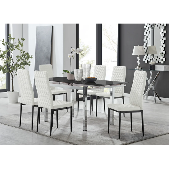 Enna Black Glass Extending Dining Table And 6 White Milan Black Leg Chairs