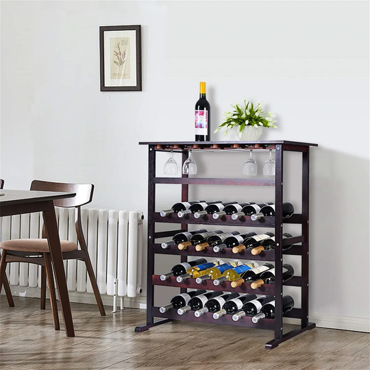 Trujillo 24 Bottle Floor Wine Bottle & Glass Rack in Dark Brown