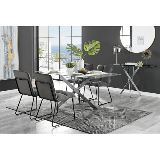 Leonardo Glass And Chrome Dining Table & 4 Dark Grey Menen Chairs