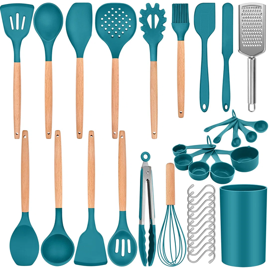 36Pcs Silicone Kitchen Utensil Set, Wooden Handle Cooking Utensils Spatula Set With Holder, Heat Resistant Kitchen Tools Safe For Non-Stick Cookware,
