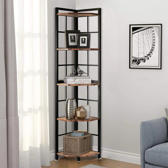 Corner Shelf 5 Tier Industrial Corner Bookcase Plant Stand Storage Rack Display Rack For Home Office (Rustic Brown)