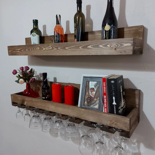 Bretz 20 Bottle Solid Wood Wall Mounted Wine Bottle & Glass Rack in Grey