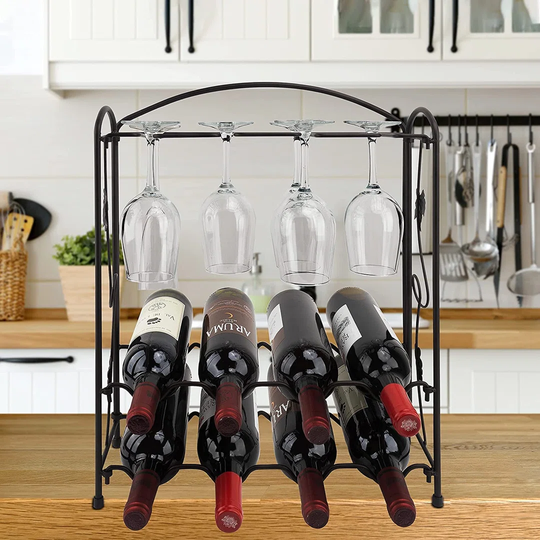 Winni 8 Bottle Tabletop/Countertop Wine Bottle & Glass Rack in Black