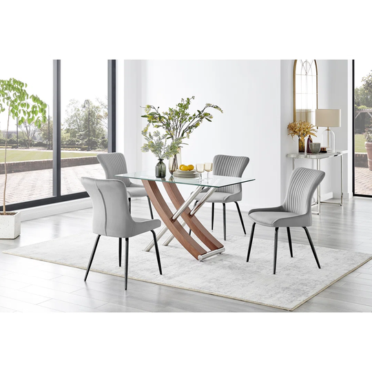 Mayfair Glass & Brown Wood Effect Dining Table & 4 Light Grey Nora Black Leg Chairs