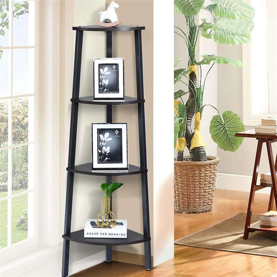 4-Tier Freestanding Corner Shelves, Metal Frame Wooden Shelving Unit, Industrial Style Bookshelf For Home, Office And Living Room (Brown)