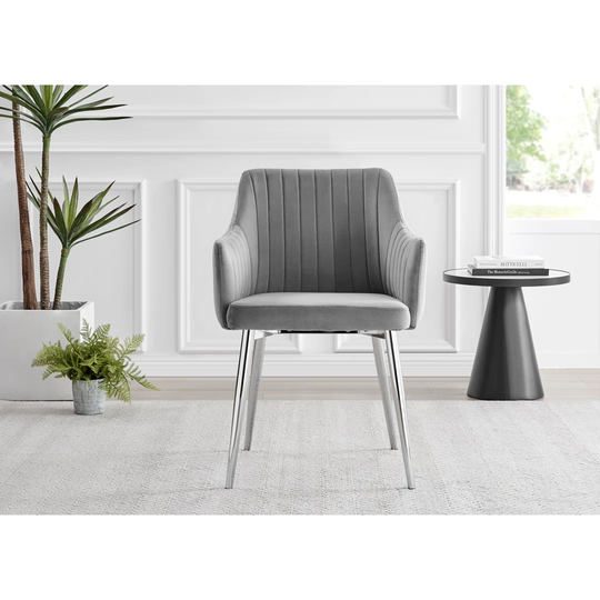 Leonardo Glass And Chrome Dining Table & 4 Grey Calla Silver Leg Velvet Chairs