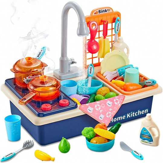 kids kitchen sink toy set with running water, 28pcs wash up sink pretend role play cooking pots pans food plastic mini accessory for boys girls gift