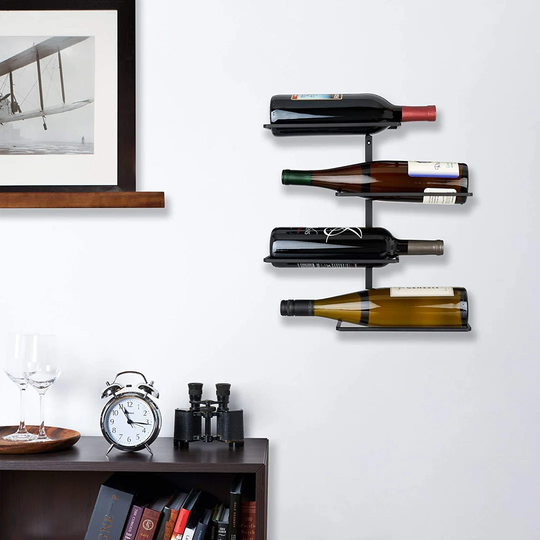 Wall-Mounted Wine Rack, Black Wrought Iron, Minimalist Modern Wine Display, Alcohol Storage Solution, Holds Four Standard Wine Bottles, 14.75" X 14.25