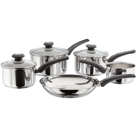 Judge Essentials, 5 Piece Stainless Steel Saucepan Set, 14cm milk pan, 16/18/20cm saucepans, 26cm frying pan