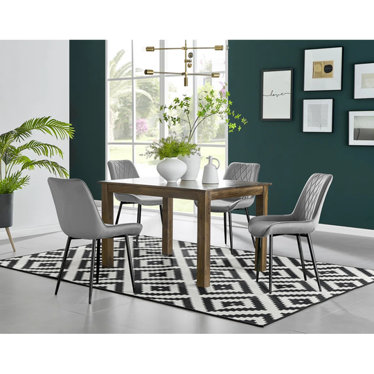Anders Dark Walnut Solid Wood Dining Table & 4 Grey Pesaro Black Leg Chairs