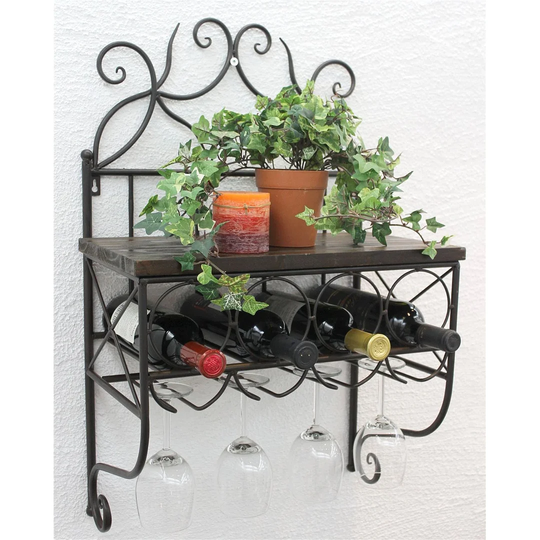 Durgin 4 Bottle Wall Mounted Wine Bottle & Glass Rack in Brown