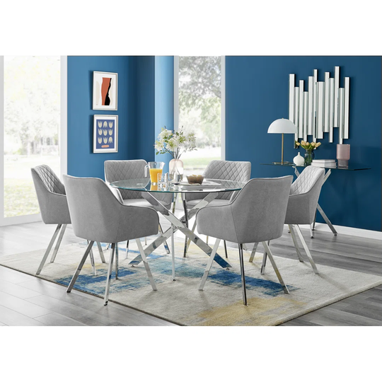 Novara 120Cm Round Glass Dining Table & 6 Light Grey Falun Silver Leg Chairs