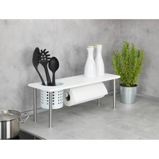 WENKO Universal Shelf With Roll Holder Blanco, Kitchen Shelf With Holder For Kitchen Roll And Utensil Holder