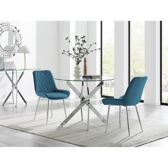 Novara 100Cm Round Dining Table And 2 Blue Pesaro Silver Leg Chairs