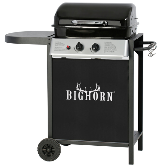 BIGHORN 2 Burner Gas BBQ Grill With Trolley, Side Table & Hooks