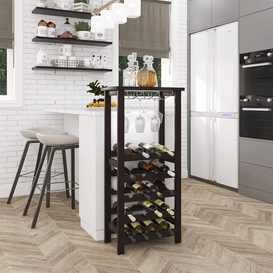 Wine Rack With Glass Holder & Table Top, 20 Bottles Storage, Floor Free Standing Bamboo Display Shelves For Home, Kitchen, Pantry, Cellar, Bar (Natura