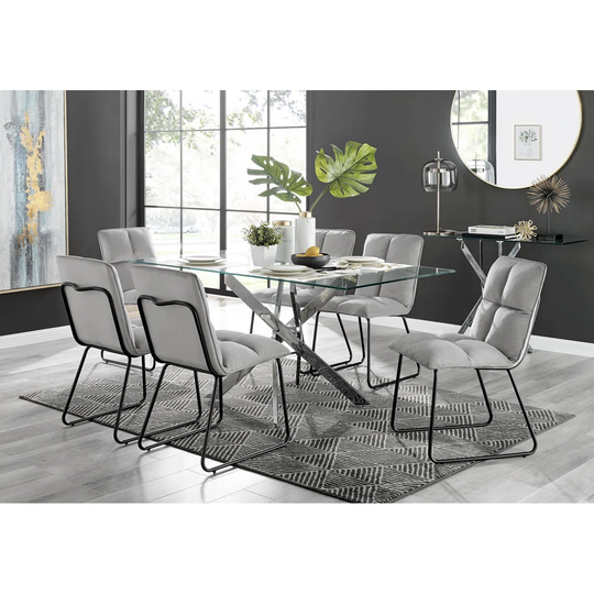 Leonardo Glass And Chrome Dining Table & 6 Light Grey Menen Chairs