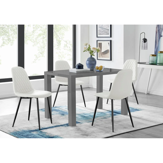PIVERO 4 GREY Dining Table & 4 WHITE Corona Black Leg Chairs