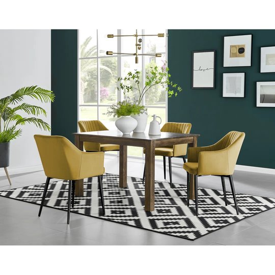Anders Dark Walnut Solid Wood Dining Table & 4 Mustard Calla Black Leg Chairs
