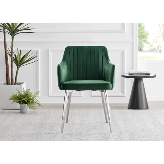 Leonardo Glass And Chrome Dining Table & 4 Green Calla Silver Leg Velvet Chairs