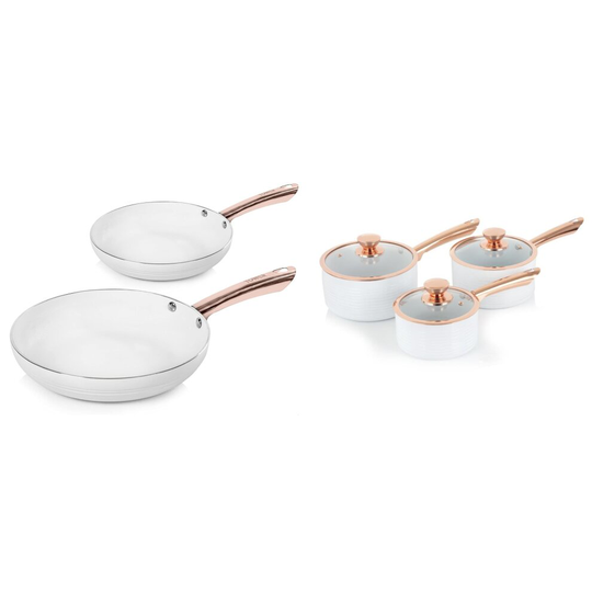Tower WHITE & Rose Gold Linear 5 piece Saucepan & Frying Pan Set with Non-Stick