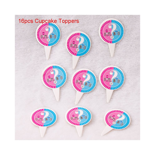 (16pcs-Cupcake Topper) Baby Gender Reveal Party Decor Banners Tableware