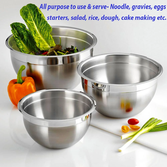 German Professional STAINLESS STEEL DEEP MIXING BOWL Set Of 3 ( 18/22/26Cms ) SMALL, MEDIUM AND LARGE