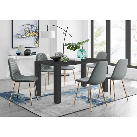 Pivero 6 Black Dining Table And 6 Grey Corona Gold Leg Chairs