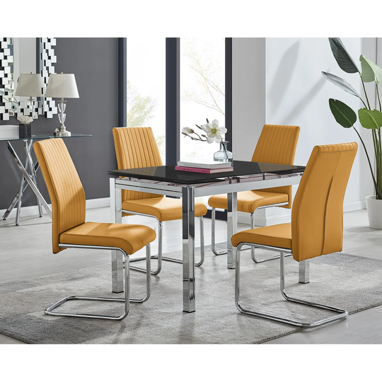 Enna Black Glass Extending Dining Table And 4 Mustard Lorenzo Chairs