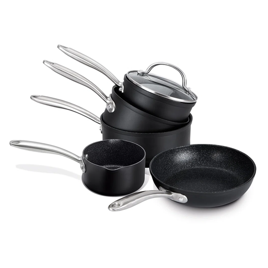 Saucepan Set Non Stick - 5 Piece Induction Hob Pan Set Black With 16Cm, 18Cm & 20Cm Saucepans With Lids, 29Cm Non Stick Frying Pan & Milkpan, 10 Year