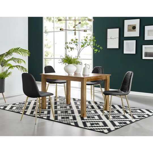 Anders Honey Solid Wood Dining Table & 4 Black Corona Gold Leg Chairs