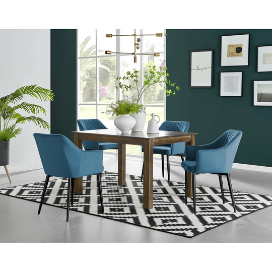Anders Dark Walnut Solid Wood Dining Table & 4 Blue Calla Black Leg Chairs