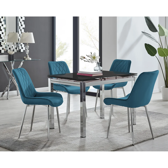 Enna Black Glass Extending Dining Table And 4 Blue Pesaro Silver Leg Chairs