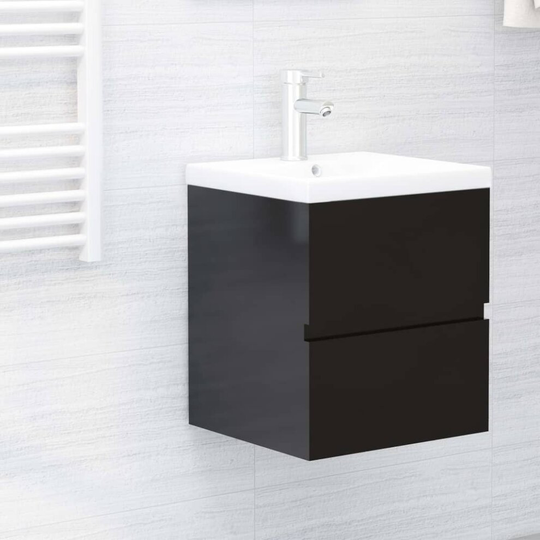 vidaXL Sink Cabinet with Built-in Basin High Gloss Black Chipboard Vanity Unit