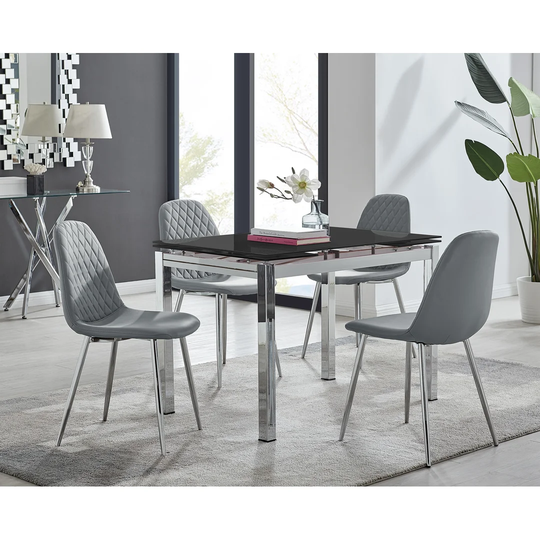 Enna Black Glass Extending Dining Table And 4 Grey Corona Gold Leg Chairs