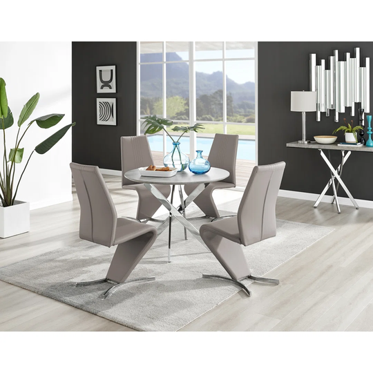 Novara Grey Concrete Effect Round Dining Table & 4 Cappuccino Willow Chairs
