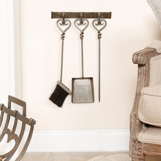 Caesar Wall Mounted Heart Handled 3 Piece Iron Fireplace Tool Set
