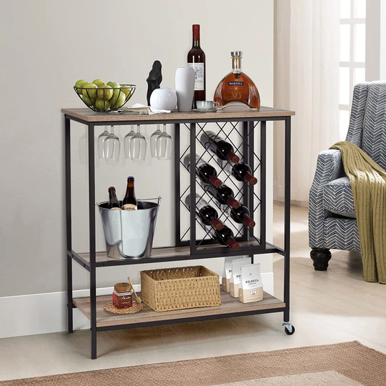 Industrial Wine Rack Table - Console Table With Wine Rack & Glass Holder - 3-Tier Bar Liquor Cabinet On Wheels For Home, Kitchen, Dining Room, Rustic