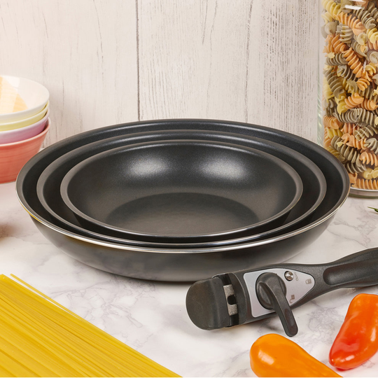 (4 Piece Frying Pan Set) Black Stackable Frying & Saucepan Set | Non Stick Pan Set